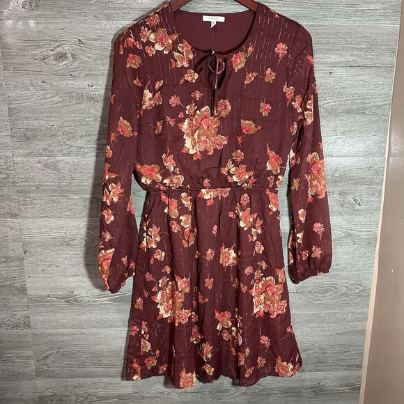 Maurices Dresses & Skirts - Maurices Womens Floral Rose Maroon Dress Size Small Tinsel Striped Tie Neck New